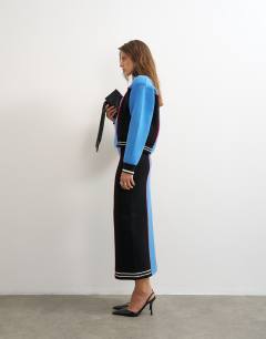 Model wearing Knitted co-ord pencil midi skirt in blue