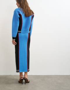 Model wearing Knitted co-ord pencil midi skirt in blue