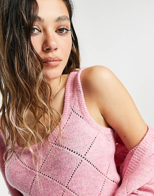Topshop knitted co ord pointelle scoop vest in pink