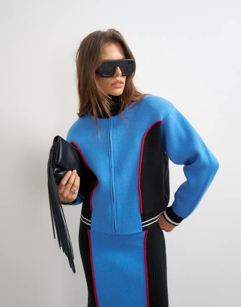 Topshop knitted co-ord shoulder padded seam detail jacket in blue - view 1