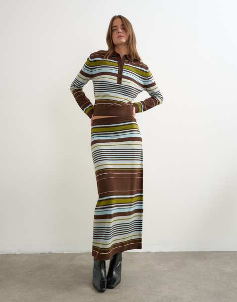 Topshop knitted co-ord striped full hem maxi skirt in burgundy multi - view 1
