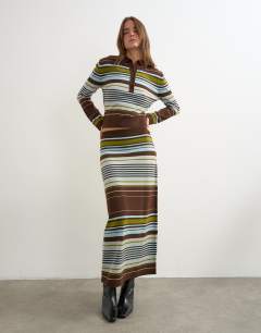 Knitted co-ord striped full hem maxi skirt in burgundy multi