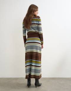 Model wearing Knitted co-ord striped full hem maxi skirt in burgundy multi