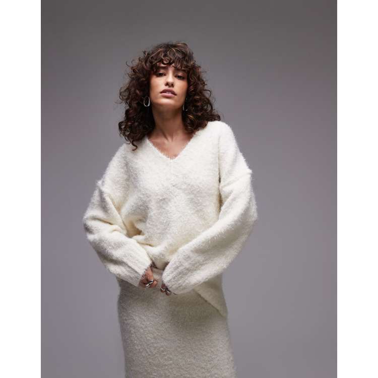 Topshop knitted co-ord v-neck fluffy oversized jumper in cream | ASOS