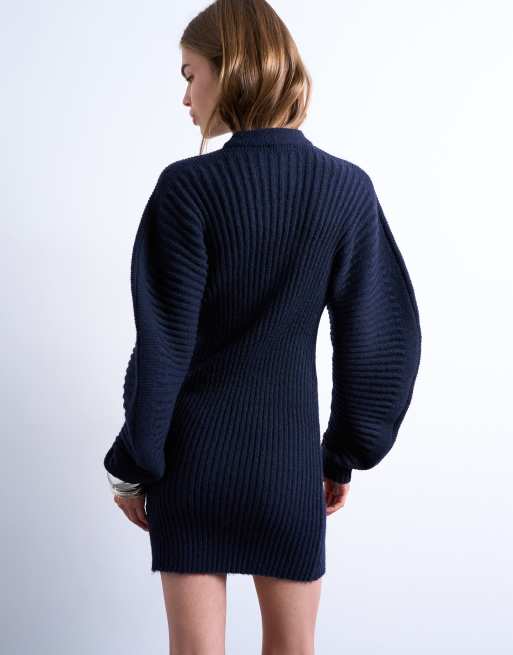 Topshop knitted cocoon ribbed dress in navy