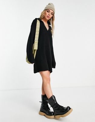 Topshop knitted collar dress in black