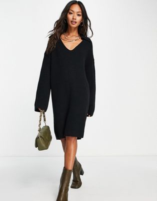 Topshop Knitted Collar Dress In Black