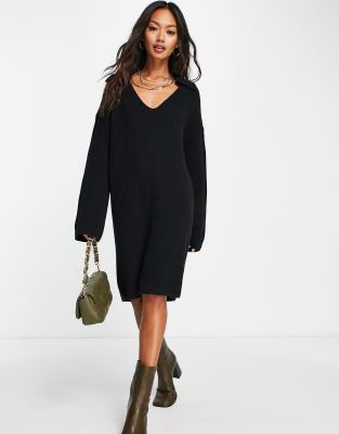 ASOS Knit Dress with Lace Collar in Black