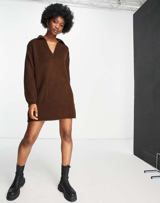 knitted collar dress in brown ASOS