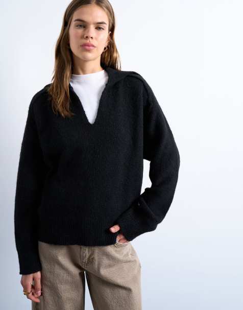 Topshop knitted collar v neck jumper in black
