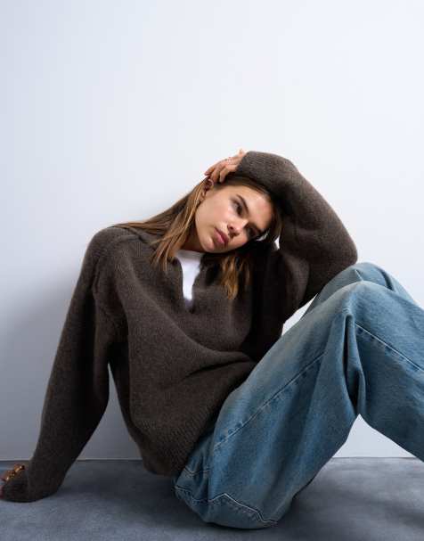 Topshop knitted collar jumper in brown - view 1