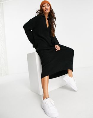 Topshop knitted collar midi dress in black