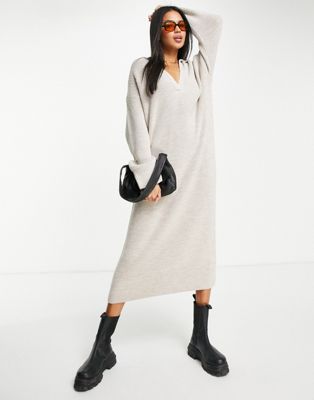 Topshop knitted collar midi dress in oat