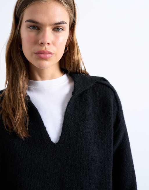 Topshop knitted collar v neck jumper in black, 3 of 4