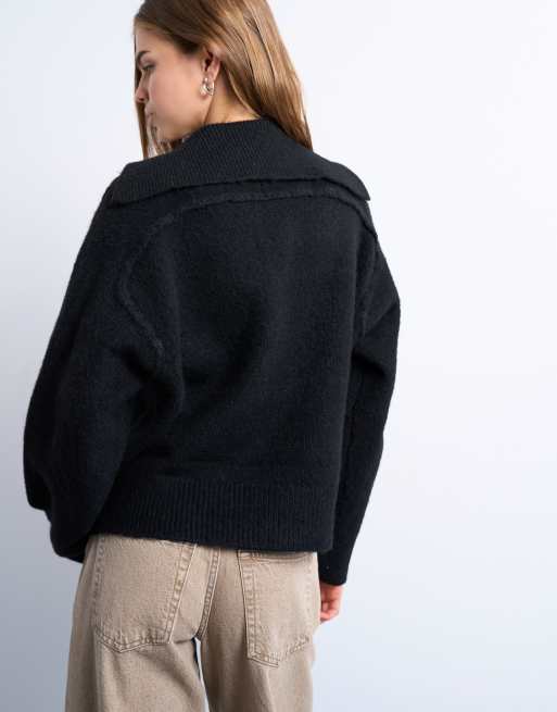 Topshop knitted collar v neck jumper in black, 4 of 4