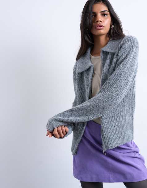 Topshop knitted collar zip ring cardi in grey