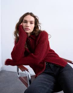 Knitted collar zip ring cardigan in red