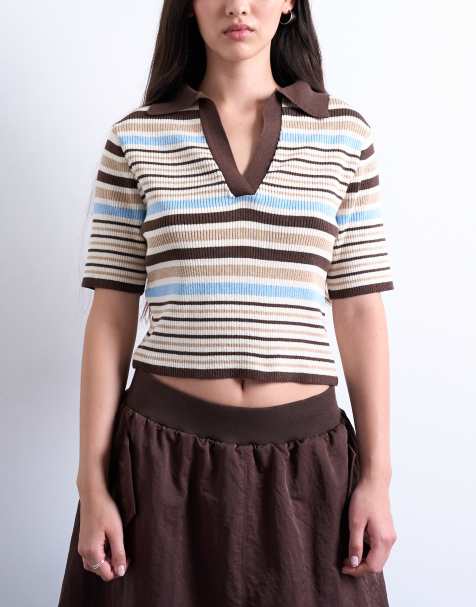 Topshop knitted collared polo in brown stripe - view 1