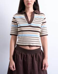 Knitted collared polo in brown stripe