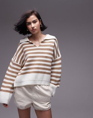 Topshop knitted collared stripe jumper in brown and white