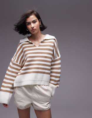  Topshop knitted collared stripe jumper in brown and white