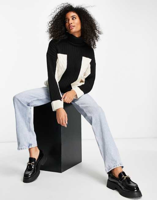 Topshop knitted color block cable sweater in monochrome