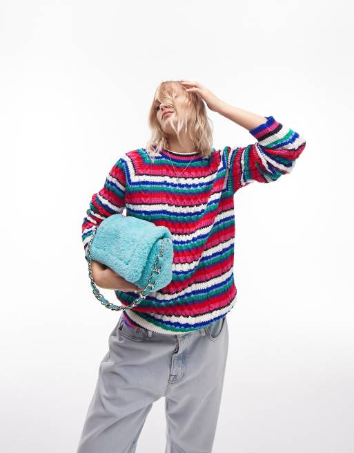 Topshop knitted colorful cable stitch sweater in multi