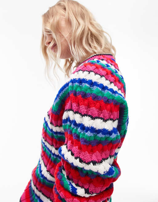 Topshop knitted colorful cable stitch sweater in multi, 3 of 4