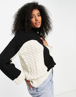 Topshop knitted colour block cable jumper in monochrome