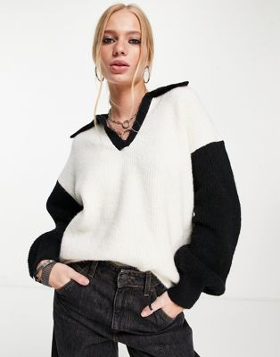Topshop knitted colour block collar jumper in monochrome