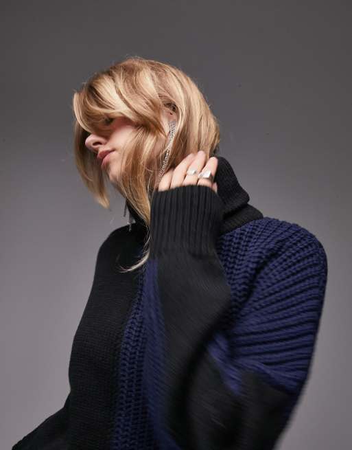 Topshop knitted colour block roll neck jumper in navy