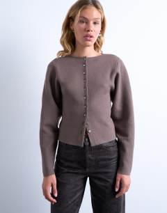 Knitted compact balloon sleeve cardigan in oat