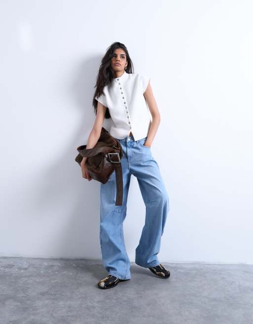 Topshop knitted compact cap sleeve vest in Ivory