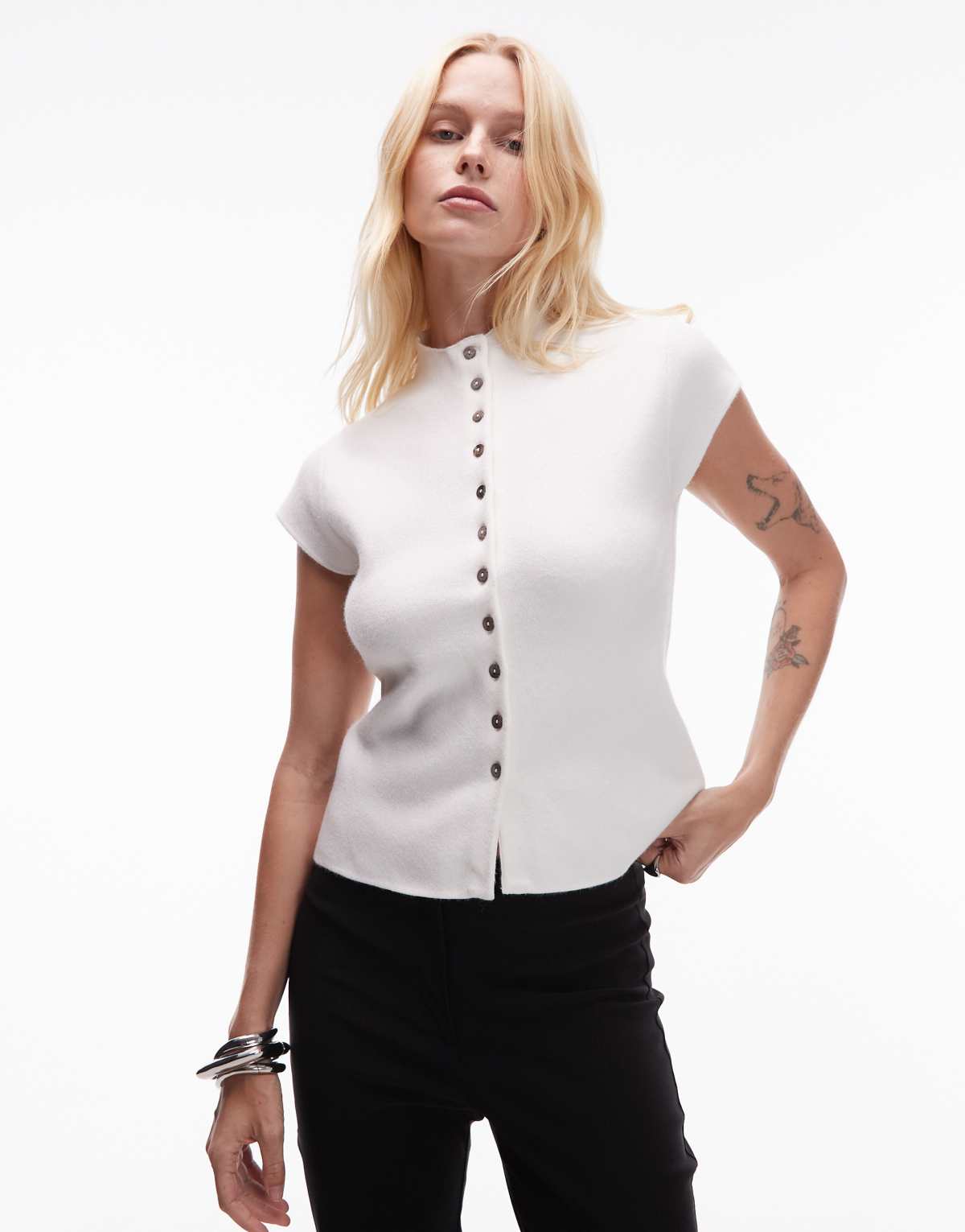 Topshop knitted compact cap sleeve waistcoat in Ivory