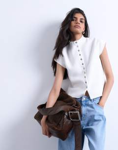Knitted compact cap sleeve waistcoat in Ivory