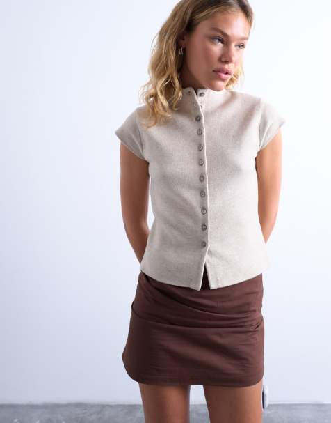 Topshop knitted compact cap sleeve waistcoat in oat - view 1