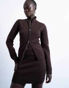 Model wearing Knitted compact co-ord skirt in chocolate