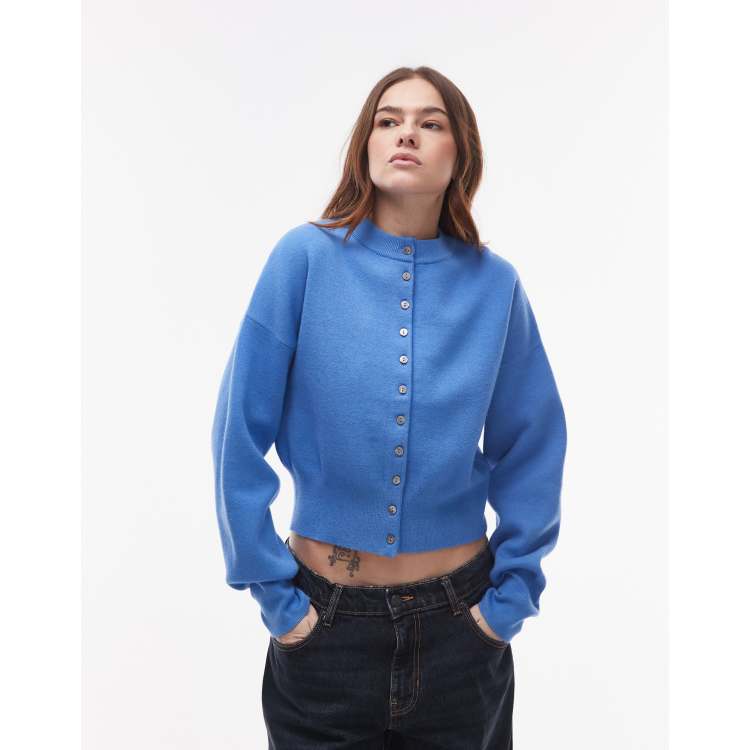 Topshop knitted compact fitted waist cardi in blue | ASOS