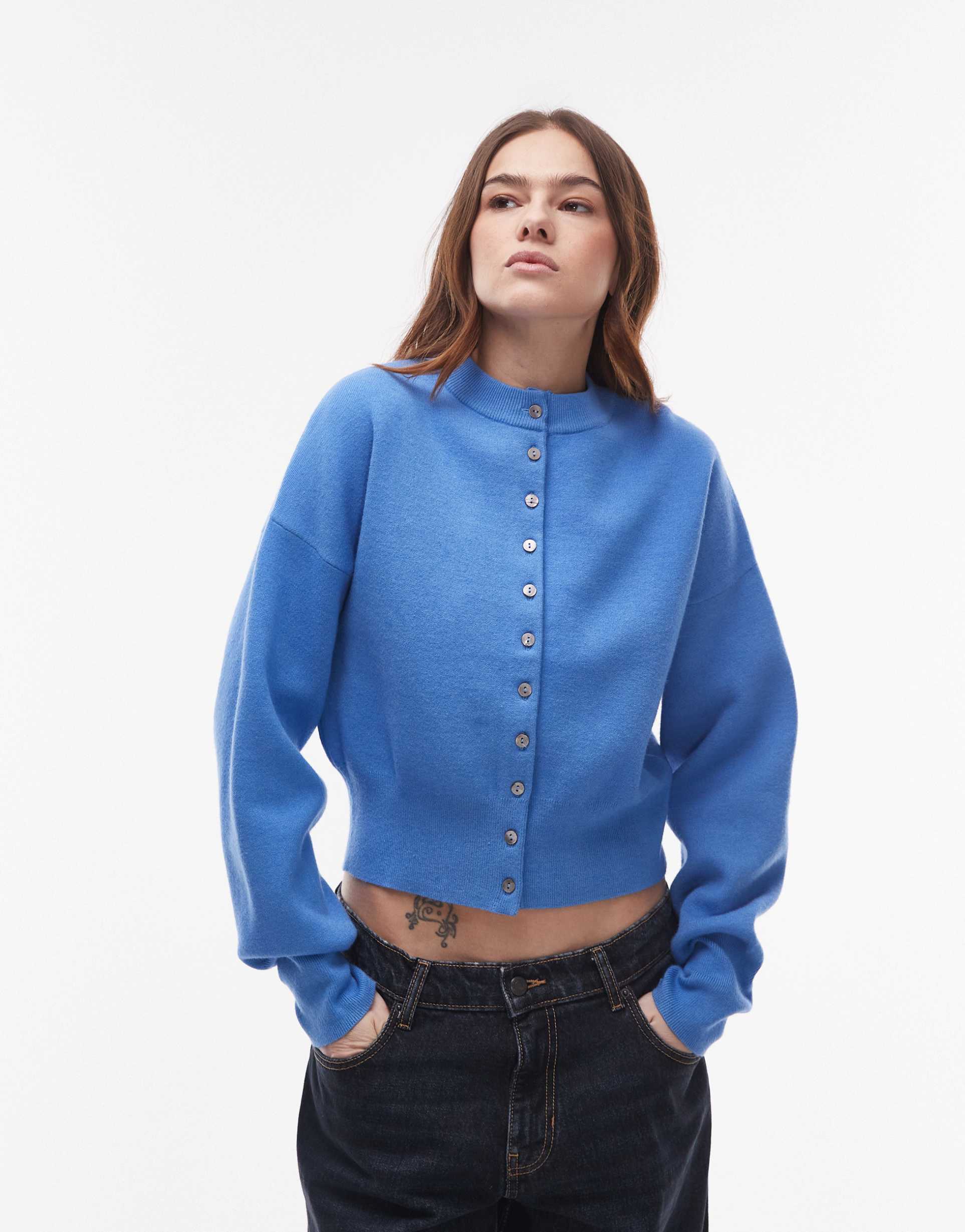 topshop knitted compact fitted waist cardi in blue