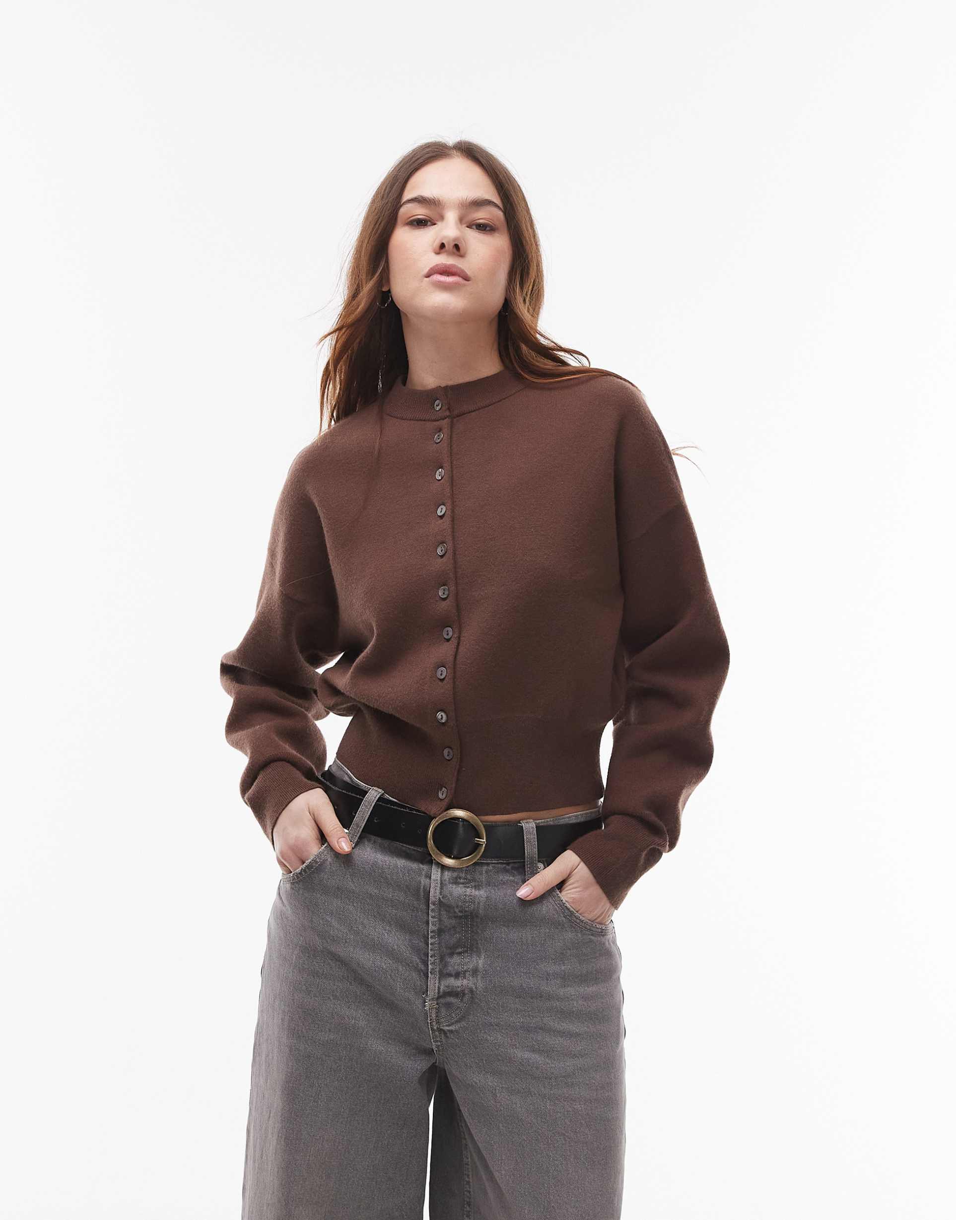topshop knitted compact fitted waist cardi in chocolate