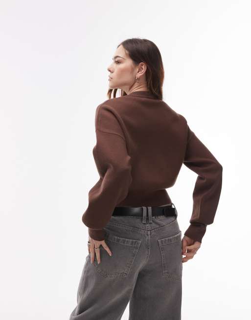 Topshop knitted compact fitted waist cardi in chocolate, 3 of 4