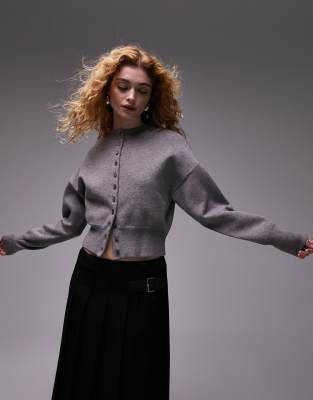Topshop Knitted Compact Fitted Waist Cardi In Gray