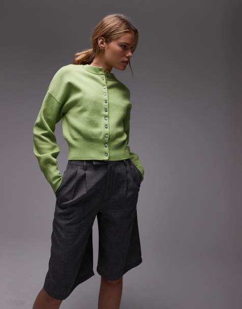 Topshop knitted compact fitted waist cardi in green