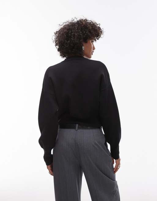Topshop knitted compact fitted waist cardigan in black, 3 of 4