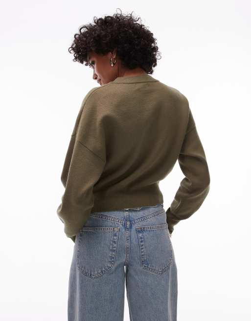 Topshop knitted compact fitted waist cardigan in khaki, 2 of 4