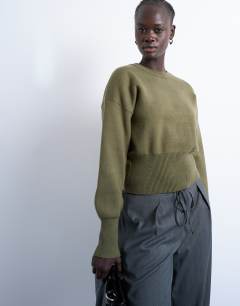 Knitted compact fitted waist jumper in khaki
