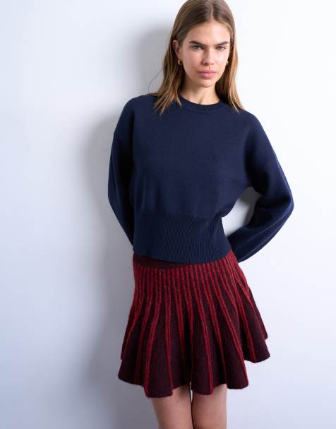 Topshop knitted clean cinch waist jumper in navy