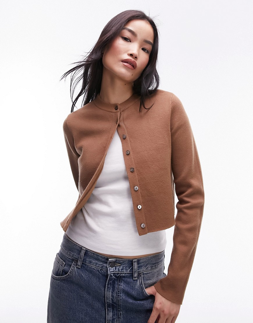 Topshop knitted compact micro cardi in camel-Brown