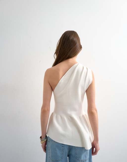Topshop knitted compact peplum one shoulder top in ivory, 3 of 4