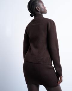 Model wearing Knitted compact zip through funnel jumper in chocolate